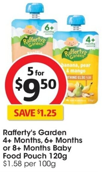 Coles Rafferty's Garden 4+ Months, 6+ Months or 8+ Months Baby Food Pouch 120g offer
