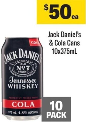 Coles Jack Daniel's & Cola Cans 10x375ml offer