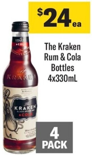 Coles The Kraken Rum & Cola Bottles 4x330ml offer