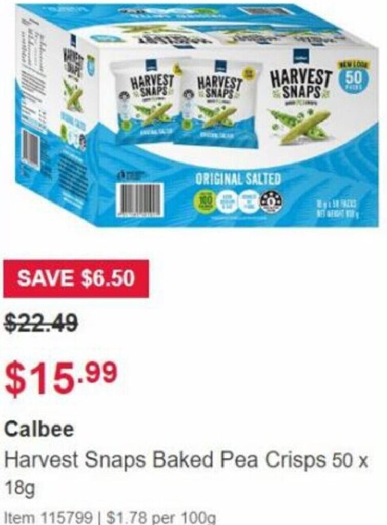 Calbee Harvest Snaps Baked Pea Crisps 50 x 18g offer at Costco