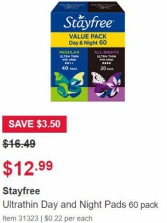 Costco Stayfree Ultrathin Day and Night Pads 60 Pack offer