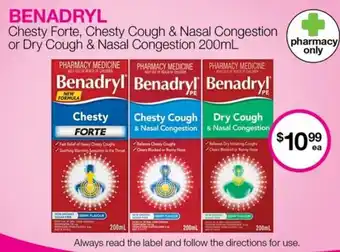 Priceline Benadryl Chesty Forte, Chesty Cough & Nasal Congestion  or Dry Cough & Nasal Congestion 200ml offer