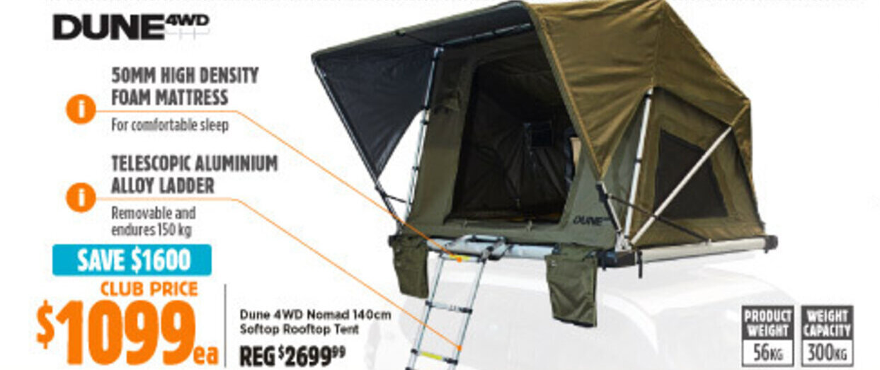 Dune 4WD Nomad 140cm Softop Rooftop Tent offer at Anaconda