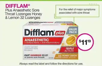 Priceline Difflam plus anaesthetic sore throat lozenges honey & lemon 32 lozenges offer