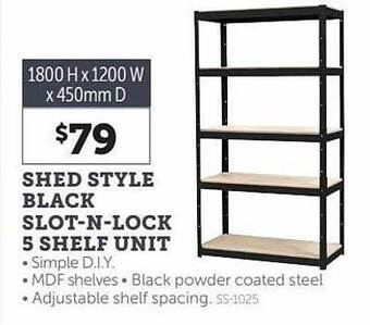 Stratco Shed style black slot-n-lock 5 shelf unit offer