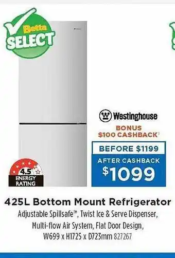 Betta Westinghouse425l bottom mount refrigerator offer