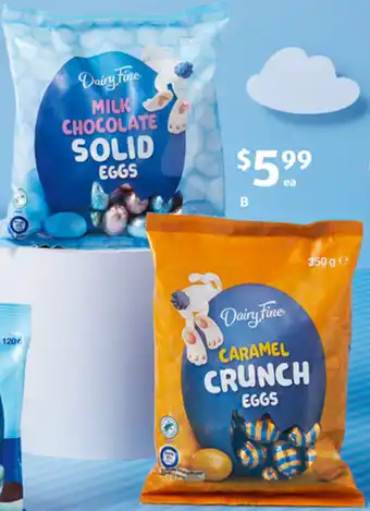 ALDI Dairy Fine Caramel Crunch Eggs 350g or Milk Chocolate Eggs 500g offer