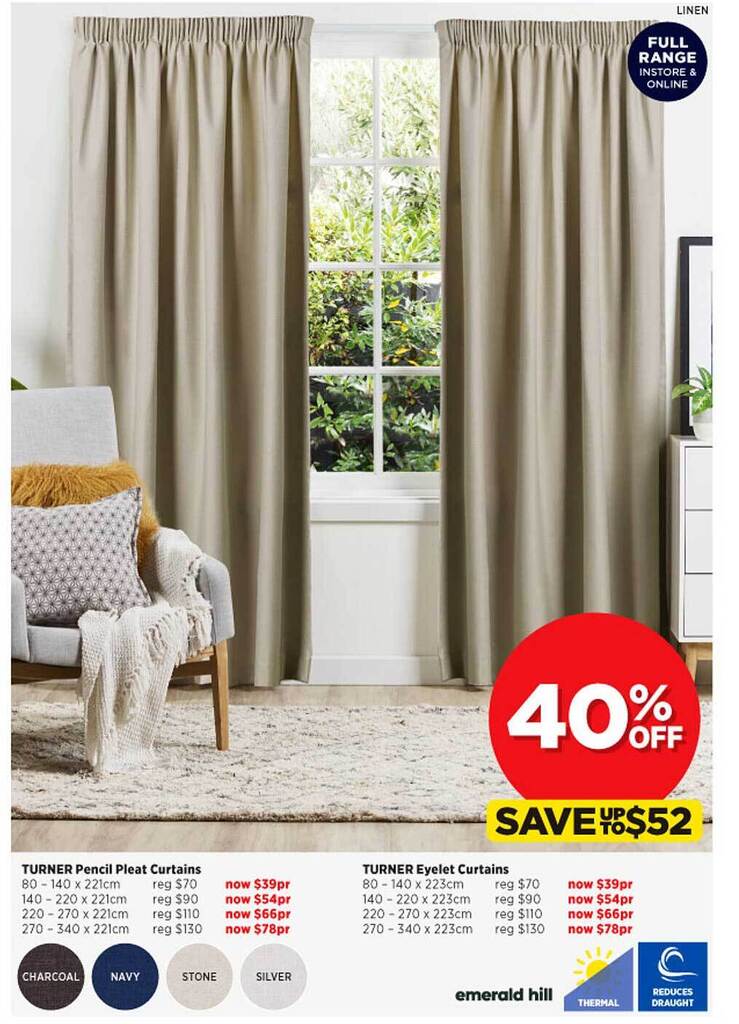 Turner pencil pleat curtains turner eyelet curtains offer at Spotlight