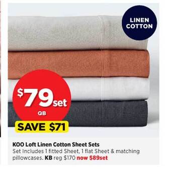 Spotlight Koo loft linen cotton sheet sets offer