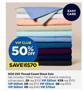 Spotlight Koo 250 thread count sheet sets offer