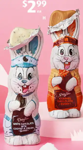 ALDI Dairy Fine Caramel Chocolate or White Chocolate Cookies & Cream Bunny 125g/150g offer