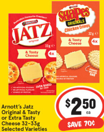 IGA Arnott's Jatz Original & Tasty or Extra Tasty Cheese 32-33g offer
