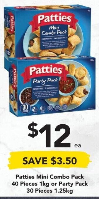 Drakes Patties Mini Combo Pack 40 Pieces 1kg or Party Pack 30 Pieces 1.25kg offer