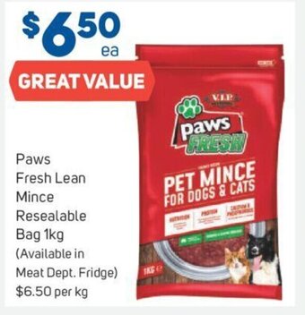Foodland Paws fresh lean mince resealable bag 1kg offer