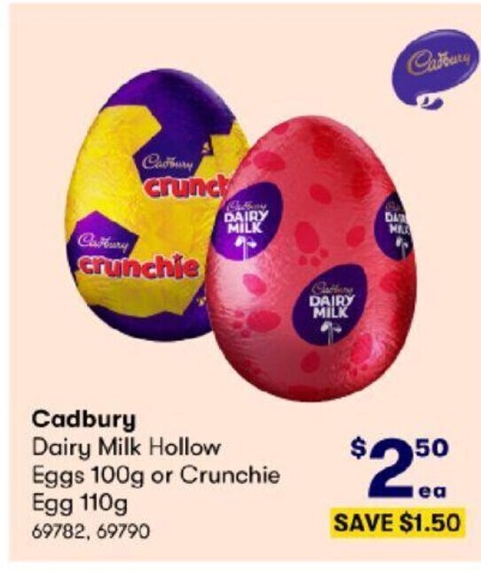 Cadbury Dairy Milk Hollow Eggs 100g or Crunchie Egg 110g offer at BIG W