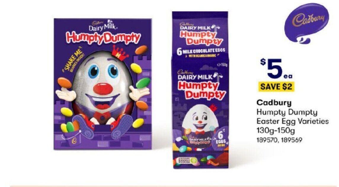 Cadbury Humpty Dumpty Easter Egg Varieties 130g-150g offer at BIG W