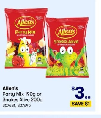 BIG W Allen's Party Mix 190g or Snakes Alive 200g offer