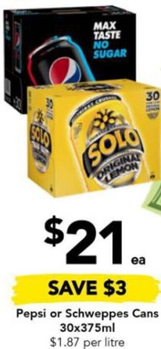 Drakes Pepsi or Schweppes Cans 30x375ml offer