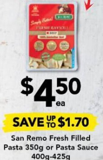Drakes San Remo Fresh Filled Pasta 350g or Pasta Sauce 400g-425g offer