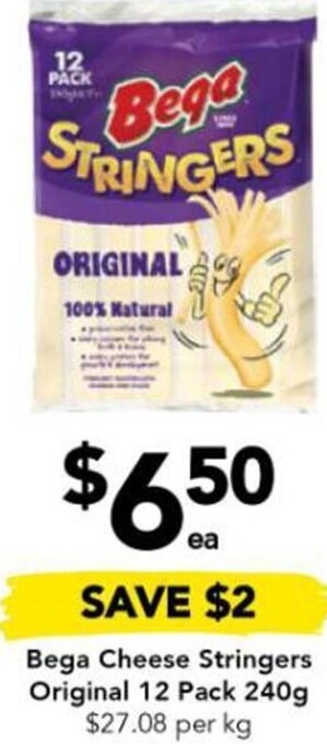 Drakes Bega Cheese Stringers Original 12 Pack 240g offer