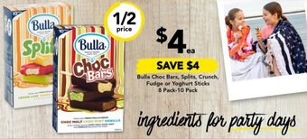 Drakes Bulla Choc Bars, Splits, Crunch, Fudge or Yoghurt Sticks 8 Pack-10 Pack offer