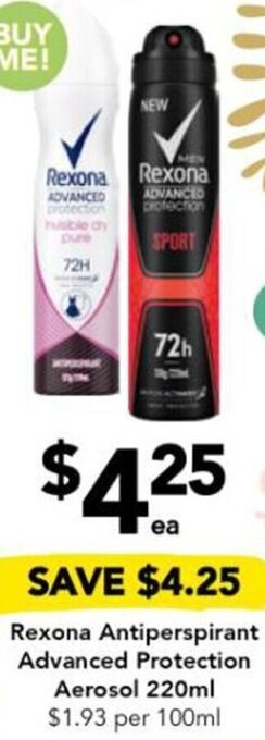 Drakes Rexona Antiperspirant Advanced Protection Aerosol 220ml offer