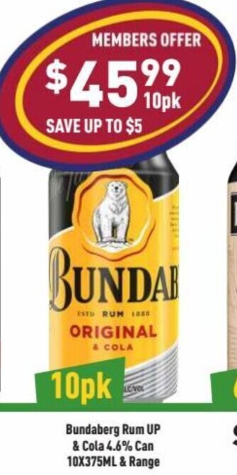 Liquor Legends Bundaberg Rum UP & Cola 4.6% Can 10x375ml & Range offer