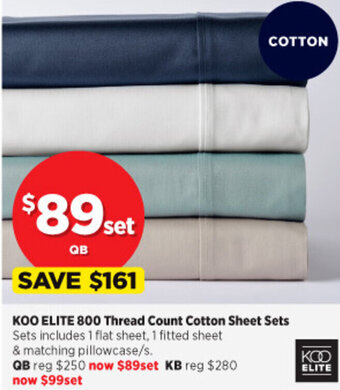 Spotlight KOO Elite 800 Thread Count Cotton Sheet Sets offer