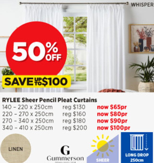 Rylee Sheer Pencil Pleat Curtains offer at Spotlight