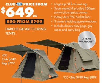 BCF Darche safari touring tents offer