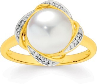 Prouds 9ct gold cultured freshwater button pearl & diamond swirl framed dress ring offer