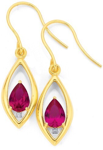Prouds 9ct gold created ruby & diamond teardrop earrings offer