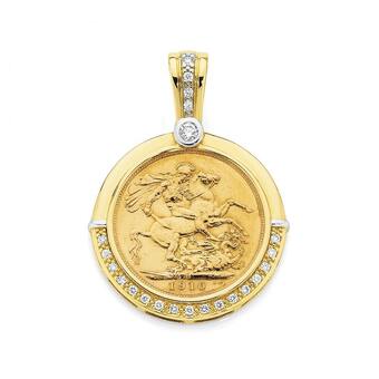Angus & Coote 9ct gold two tone diamond set 22ct full sovereign enhancer pendant offer