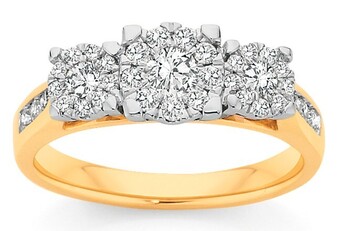 Angus & Coote 9ct gold diamond cluster trilogy ring offer