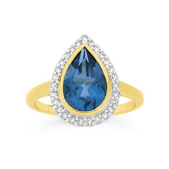 9ct gold blue topaz & diamond dress ring