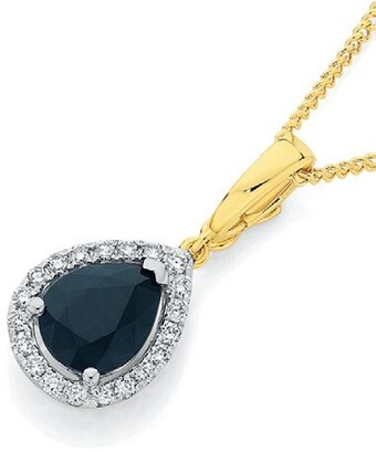 Angus & Coote 9ct gold sapphire & diamond pear halo pendant offer