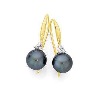 Angus & Coote 9ct gold cultured tahitian pearl & diamond shepherd hook earrings offer