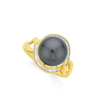 Angus & Coote 9ct gold cultured tahitian pearl and diamond swirl ring offer