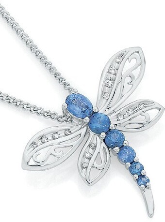 Angus & Coote 9ct white gold natural ceylon sapphire & diamond dragonfly slider pendant offer