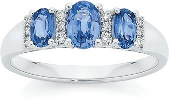 Angus & Coote 9ct white gold ceylon sapphire & diamond oval trilogy ring offer