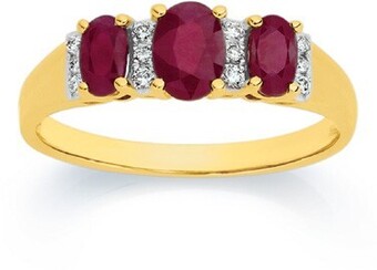 Angus & Coote 9ct gold ruby & diamond oval trilogy ring offer
