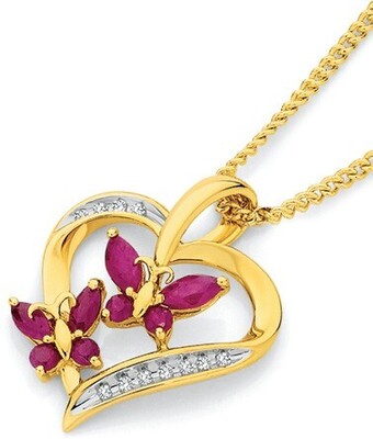 Angus & Coote 9ct gold natural ruby & diamond butterfly heart pendant offer