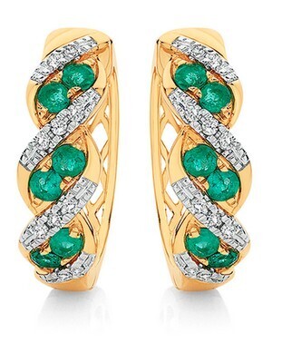 Angus & Coote 9ct gold natural emerald & diamond huggie earrings offer