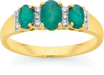 Angus & Coote 9ct gold emerald & diamond trilogy ring offer
