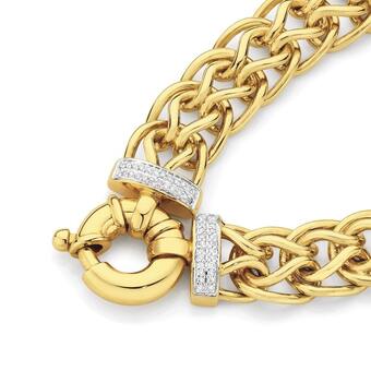 9ct gold 20cm solid diamond set bolt ring bracelet