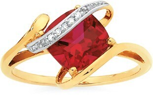 Goldmark 9ct gold created ruby & diamond cushion cut ring offer