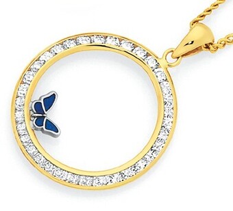 Goldmark 9ct gold cz circle with enamel butterfly pendant offer