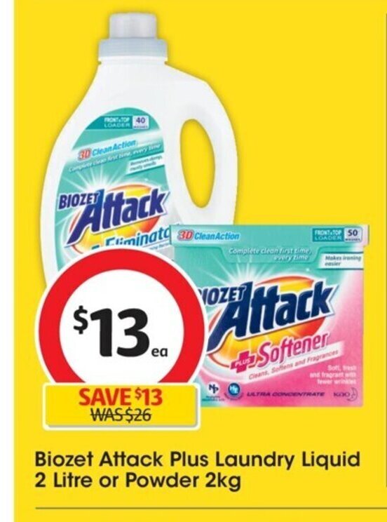 Biozet Attack Plus Laundry Liquid 2 Litre or Powder 2 kg, offer at Coles