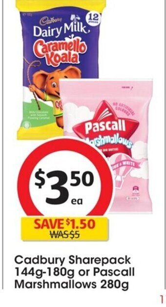 Coles Cadbury Sharepacks 144g-180g or Pascall Marshmallows 280g offer