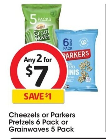 Coles Cheezels or Parkers Pretzels 6 pack or Grainwaves 5 Pack offer